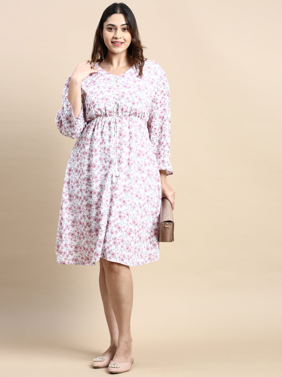 Women Puff White Floral Fit and Flare Dress