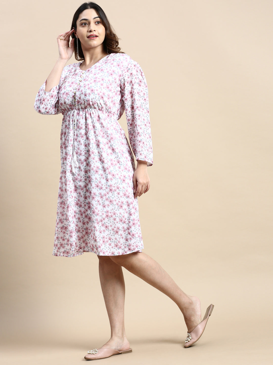 Women Puff White Floral Fit and Flare Dress