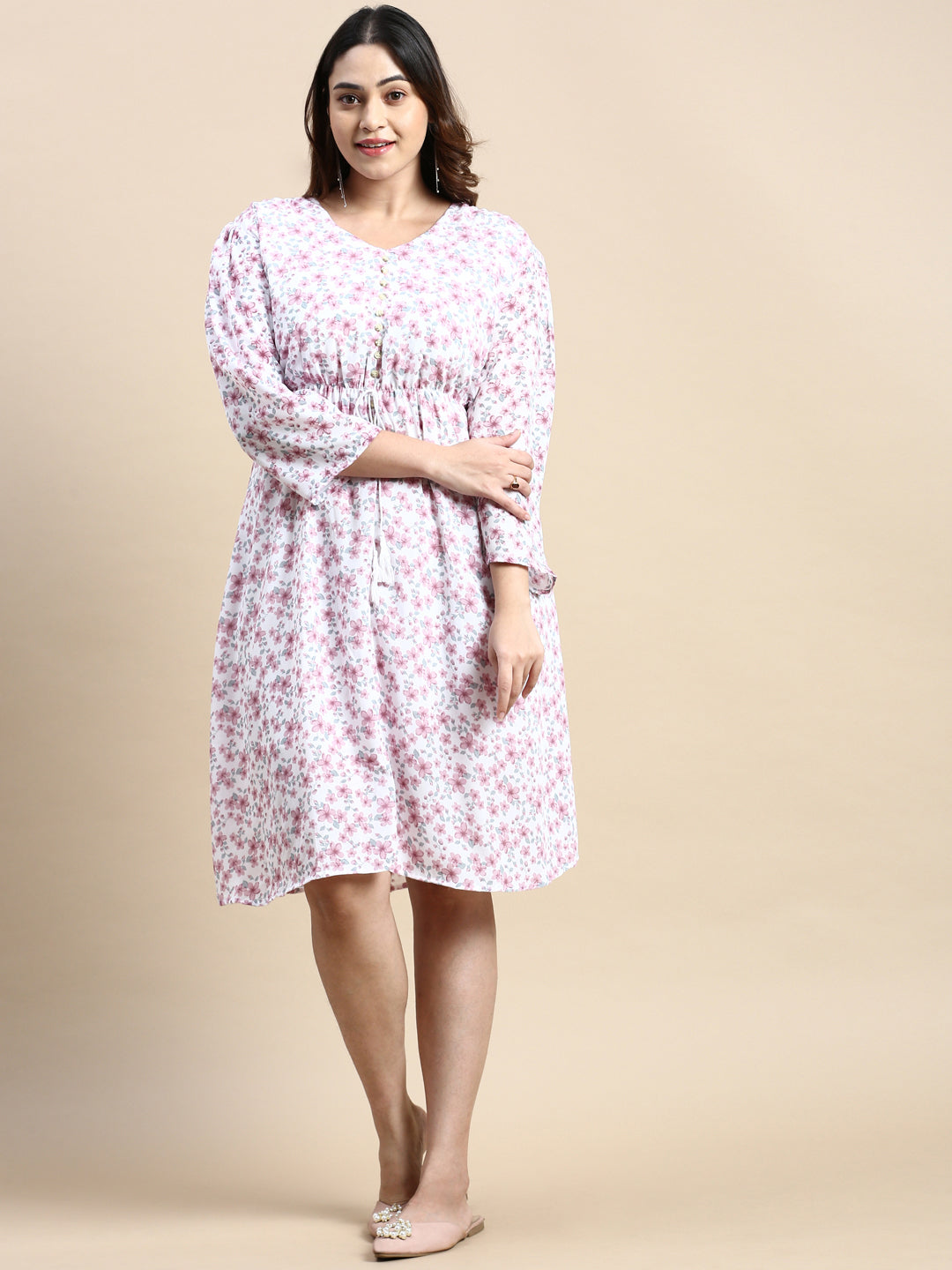 Women Puff White Floral Fit and Flare Dress