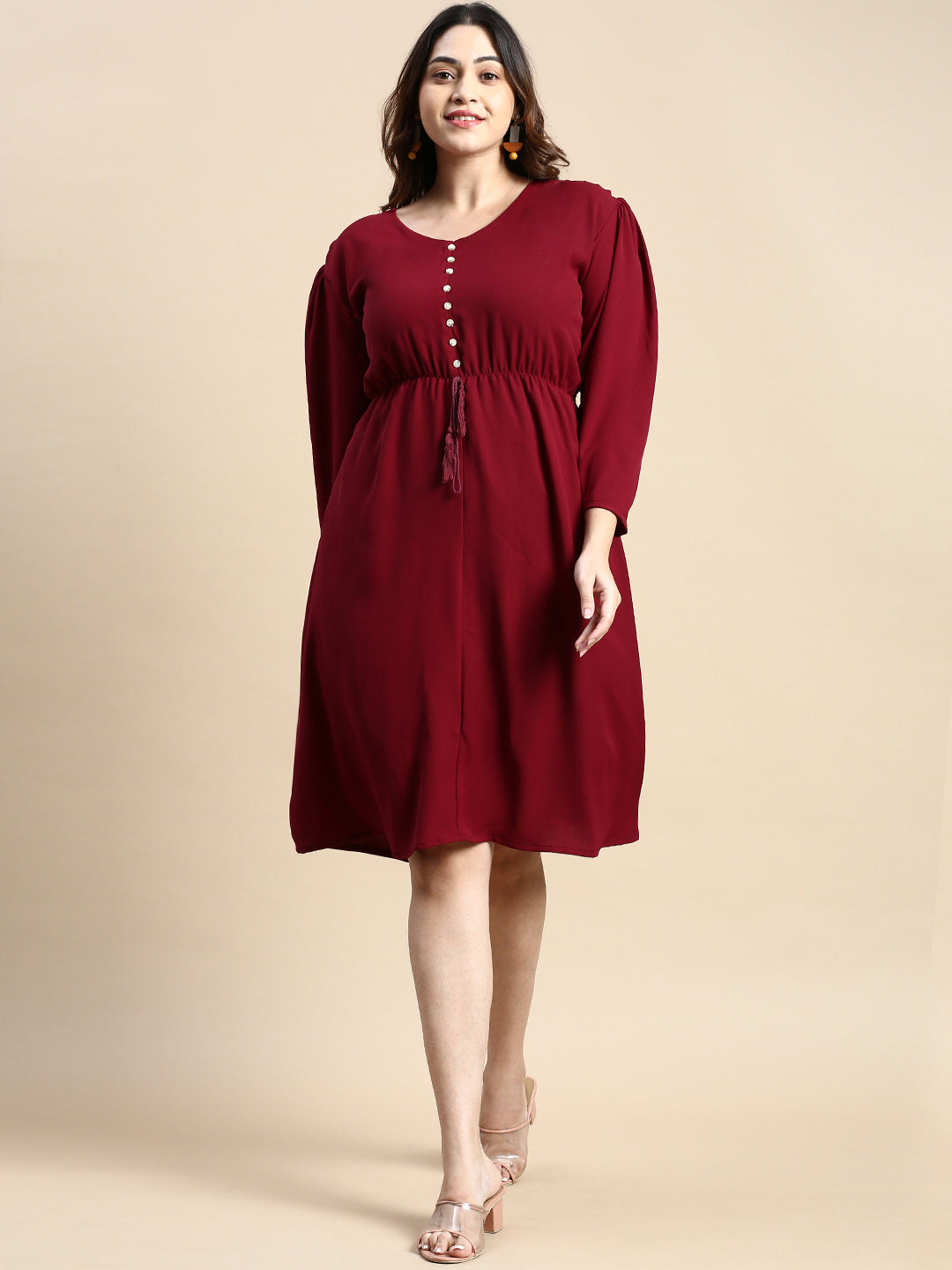 Women Puff Burgundy Solid Fit and Flare Dress