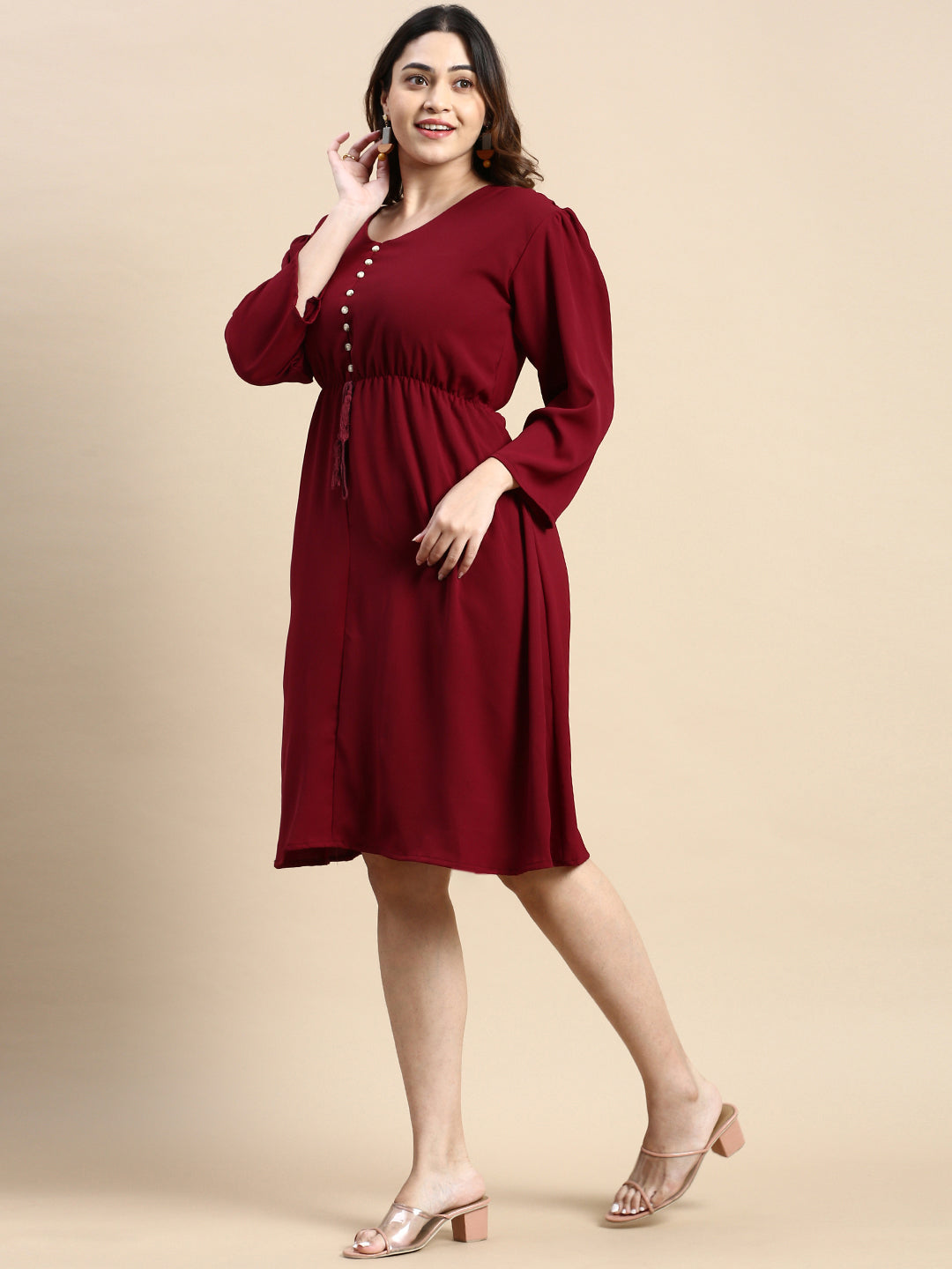 Women Puff Burgundy Solid Fit and Flare Dress