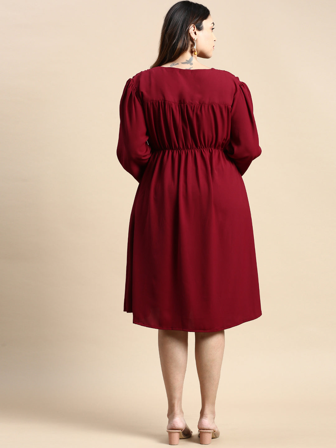 Women Puff Burgundy Solid Fit and Flare Dress