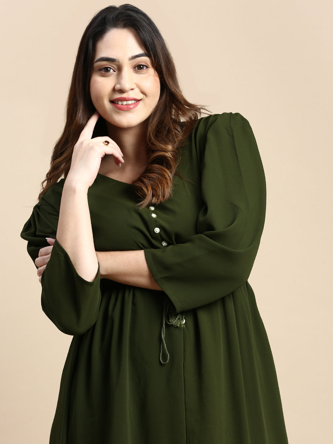 Women Puff Olive Solid Fit and Flare Dress