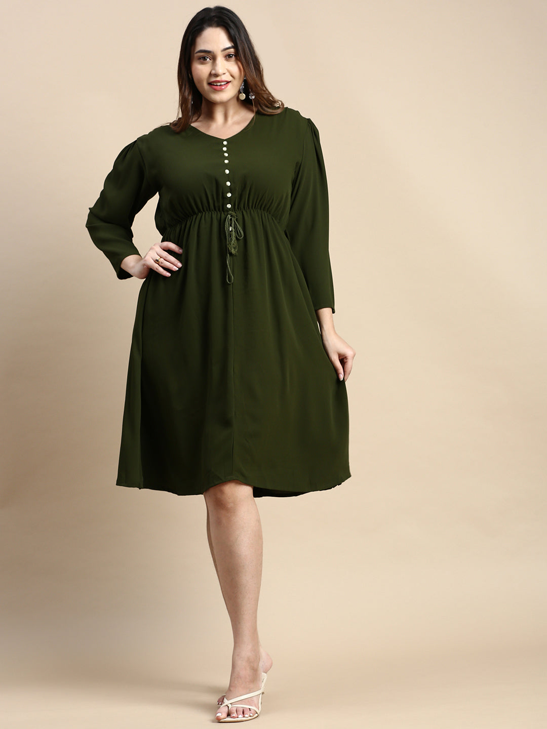 Women Puff Olive Solid Fit and Flare Dress