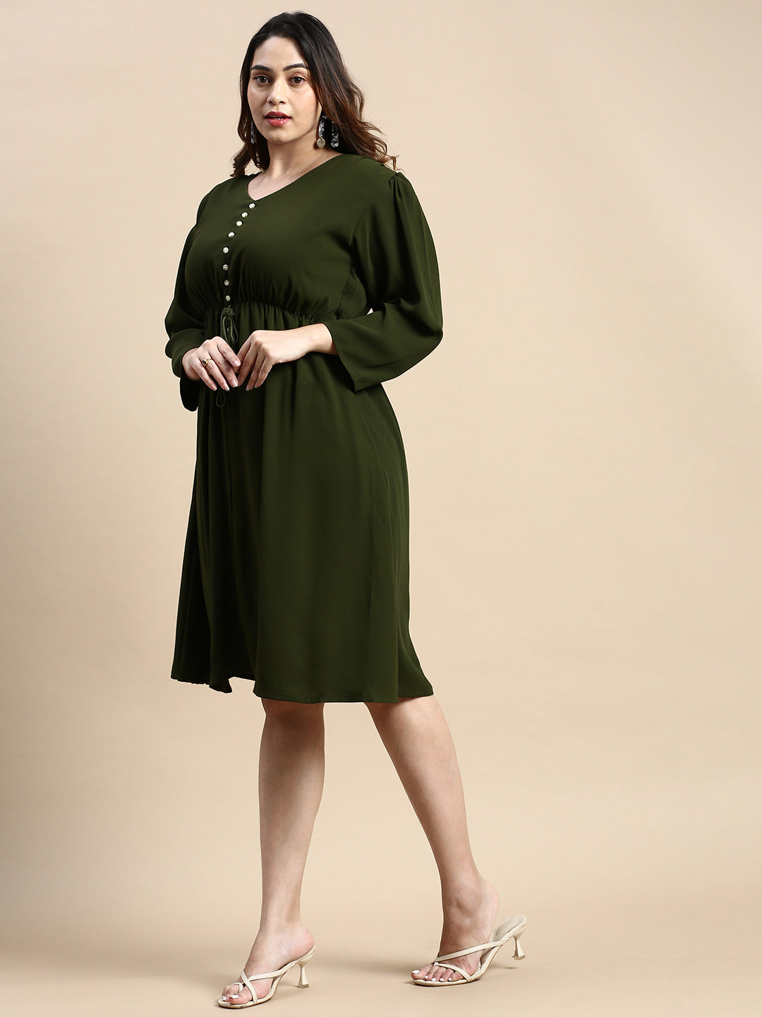 Women Puff Olive Solid Fit and Flare Dress