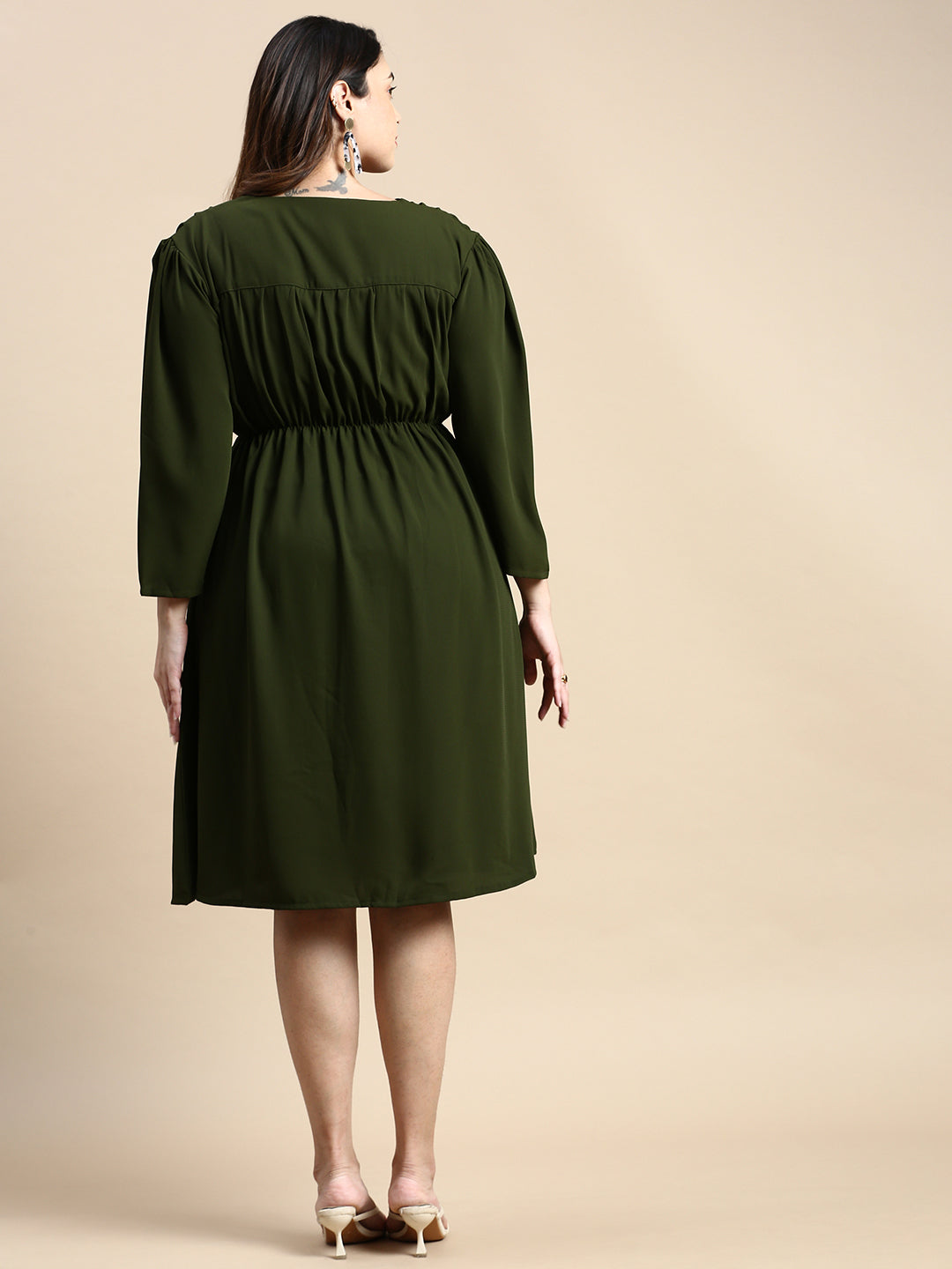 Women Puff Olive Solid Fit and Flare Dress