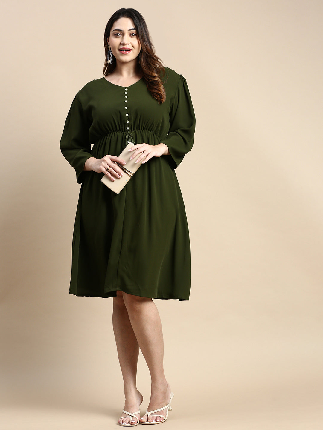 Women Puff Olive Solid Fit and Flare Dress