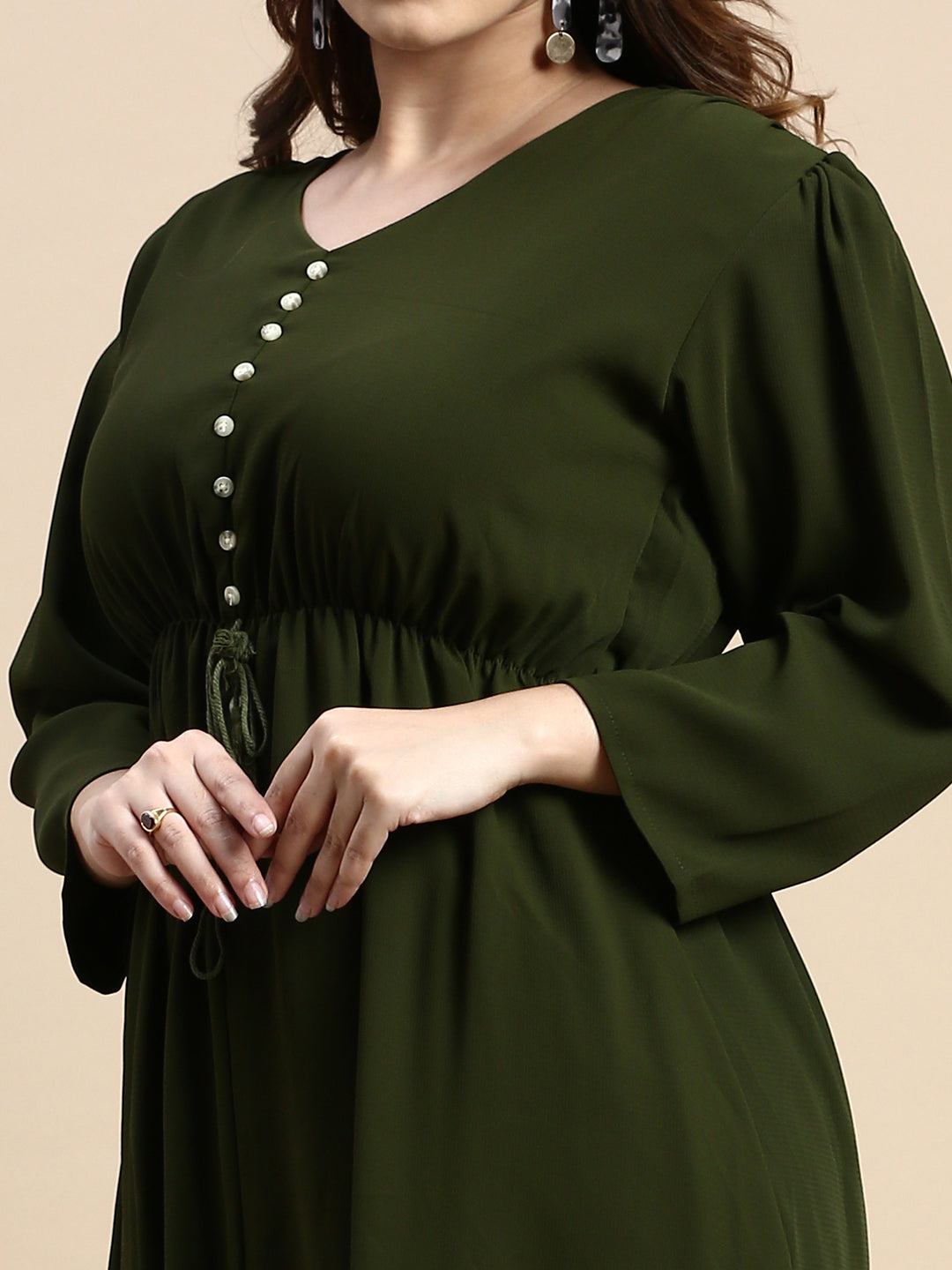 Women Puff Olive Solid Fit and Flare Dress