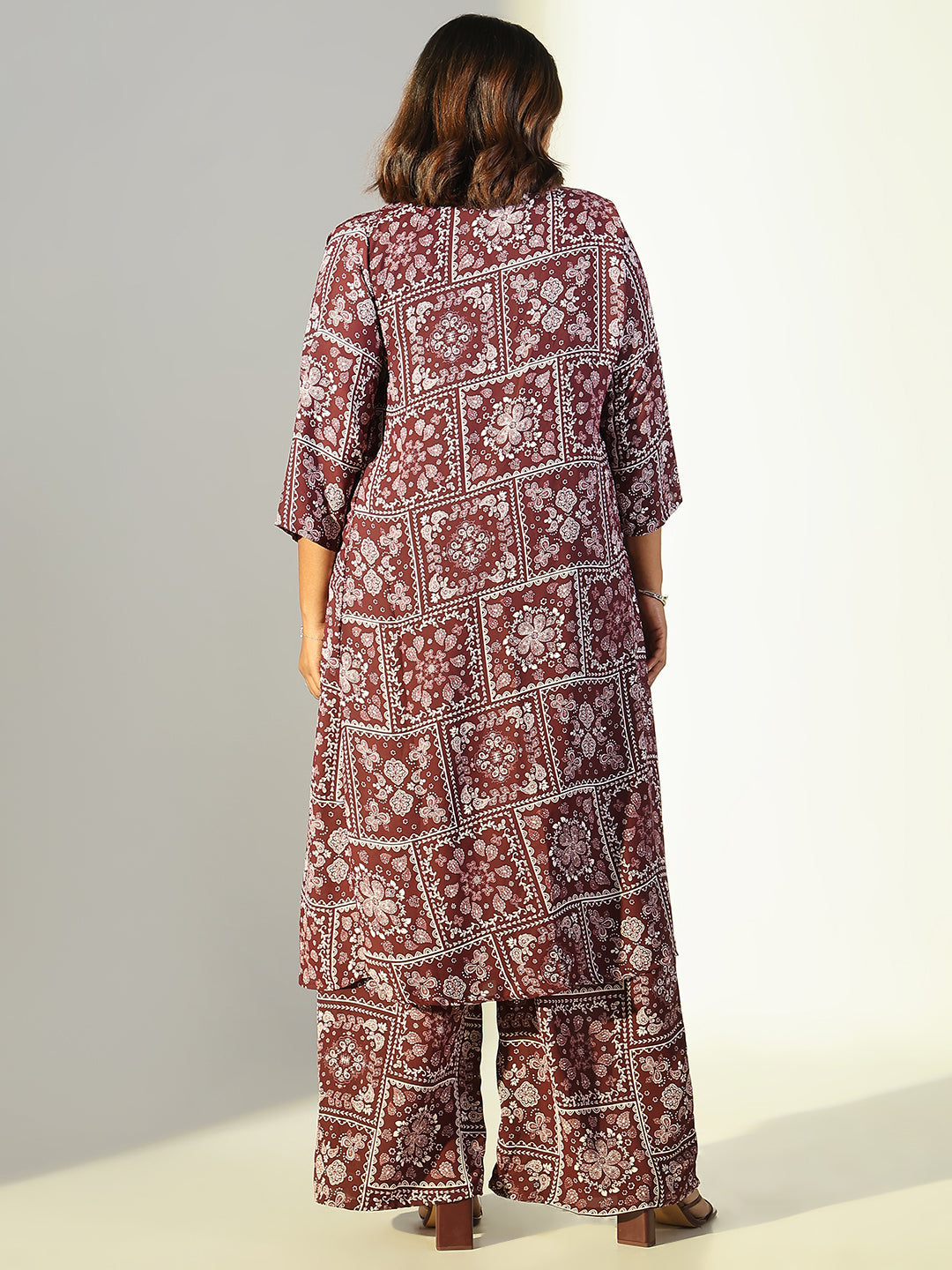 Women Burgundy Printed Jumpsuit with Shrug