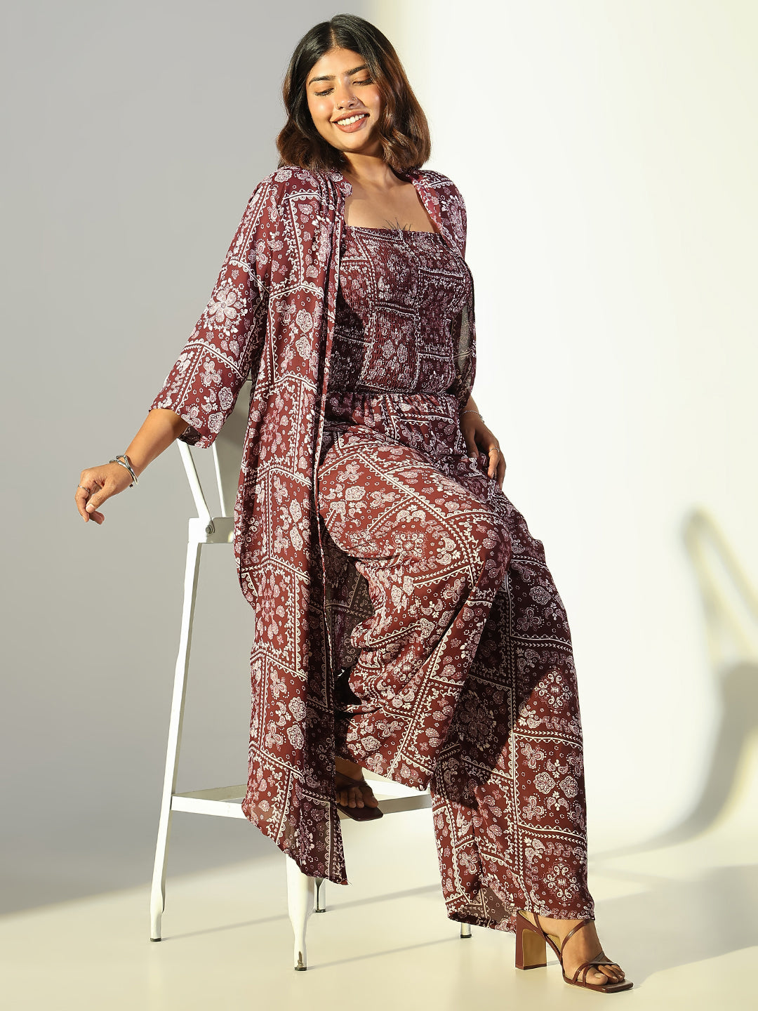 Women Burgundy Printed Jumpsuit with Shrug