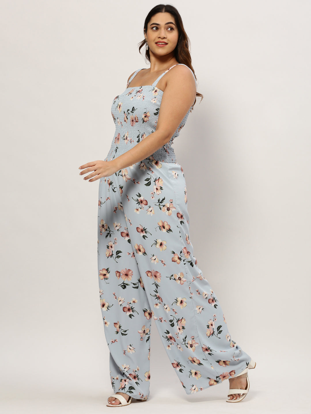 Women Printed Shoulder Straps Blue Sleeveless Basic Jumpsuit