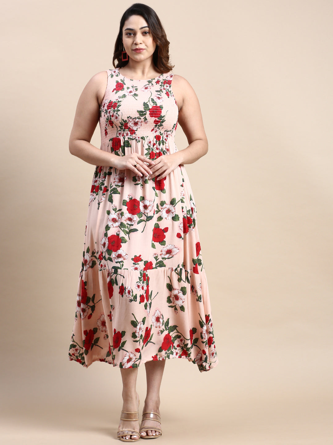 Women Peach Floral Fit and Flare Dress