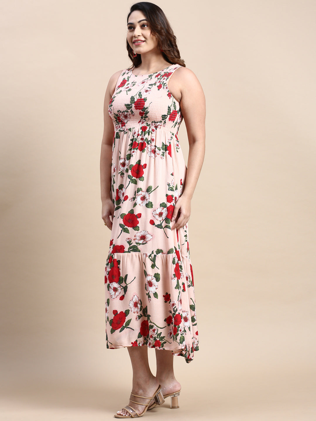 Women Peach Floral Fit and Flare Dress