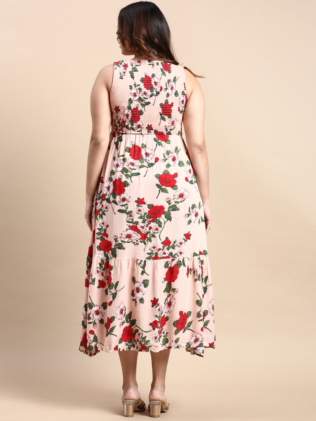 Women Peach Floral Fit and Flare Dress