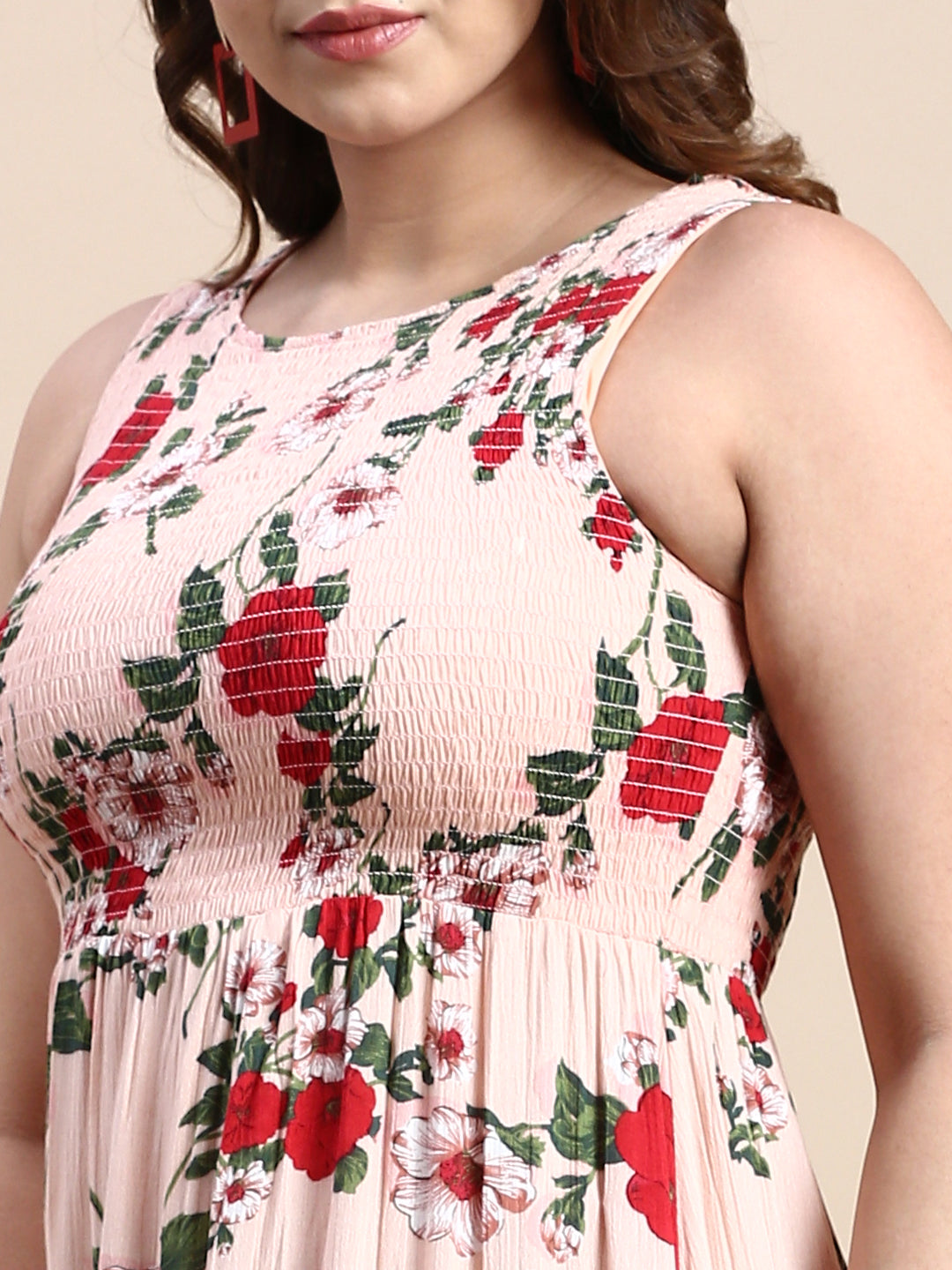 Women Peach Floral Fit and Flare Dress