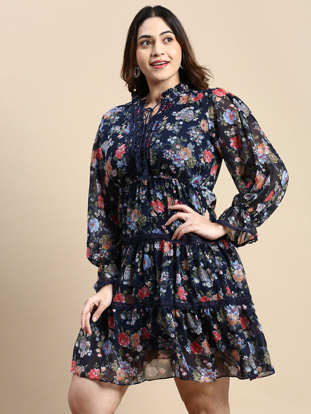 Women Keyhole Neck Puff Navy Blue Floral Fit and Flare Dress