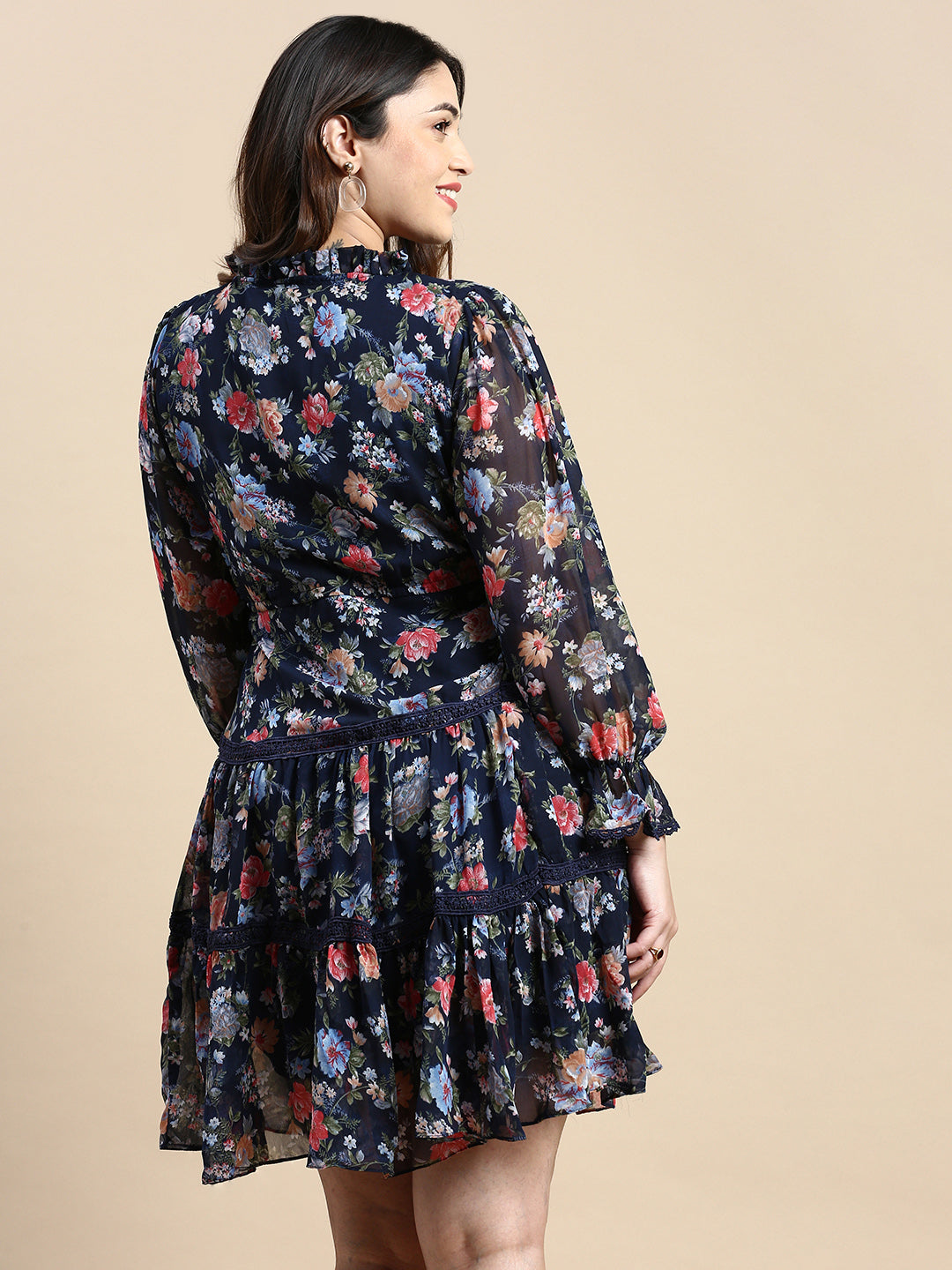 Women Keyhole Neck Puff Navy Blue Floral Fit and Flare Dress