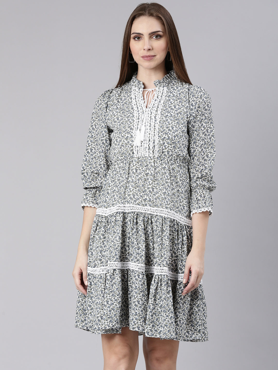 Women Grey Floral Fit and Flare Dress