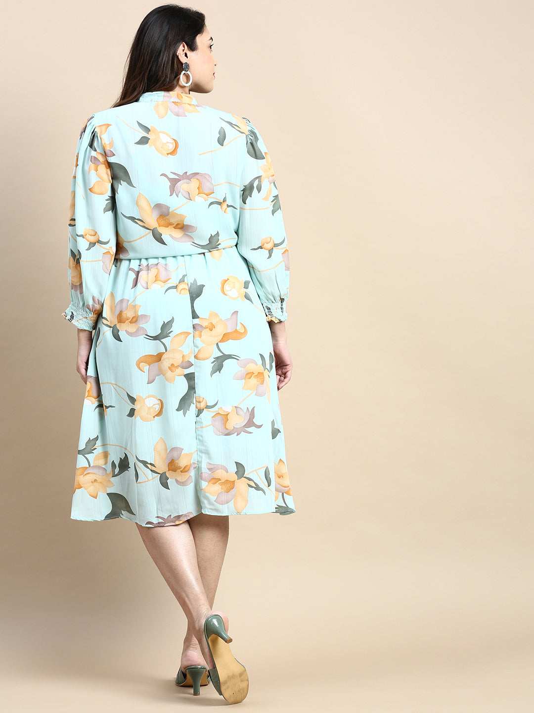 Women's Shoulder Straps Sea Green Floral Fit and Flare Dress