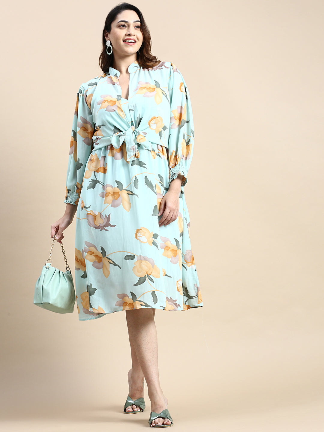 Women's Shoulder Straps Sea Green Floral Fit and Flare Dress