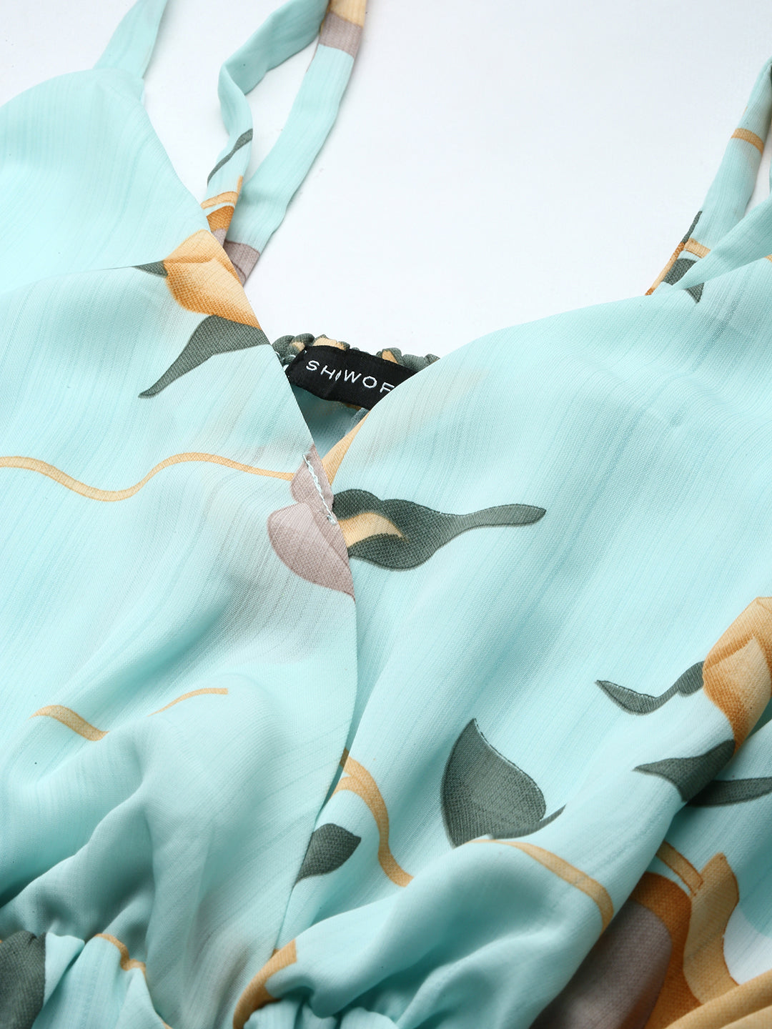 Women's Shoulder Straps Sea Green Floral Fit and Flare Dress