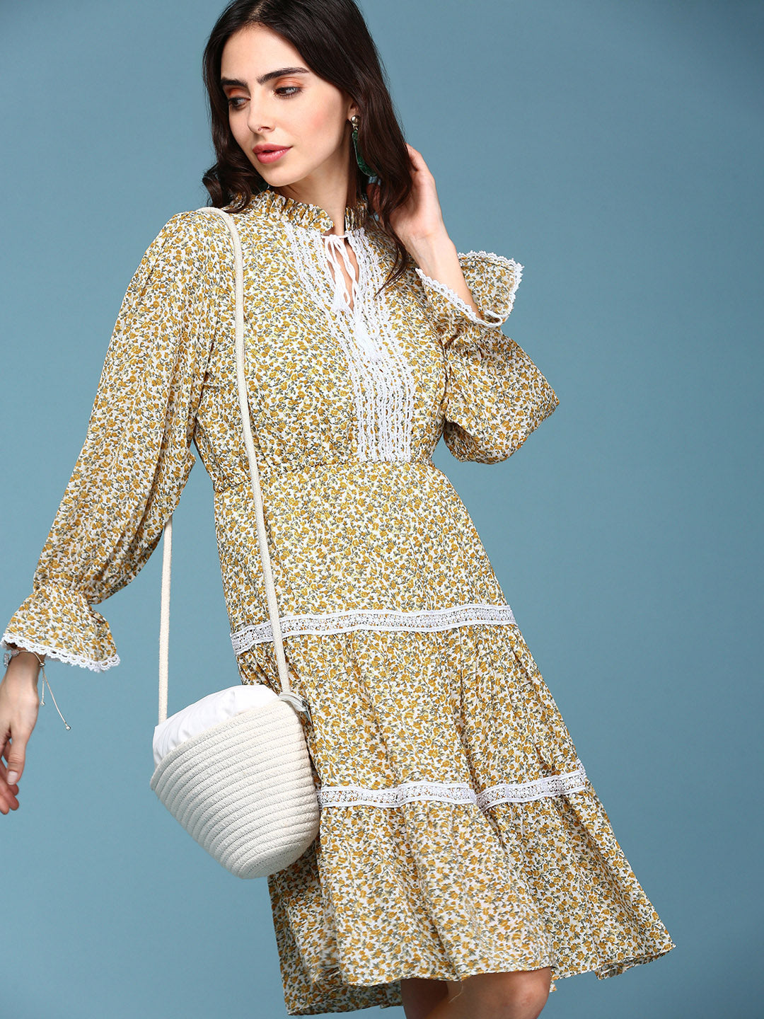 Shop Women's Yellow Floral Printed Tie-Up Neck Lace-Inserts Tiered A-Line Dress| Showoffff Shop Women's Yellow Floral Printed Tie-Up Neck Lace-Inserts Tiered A-Line Dress| Showoffff