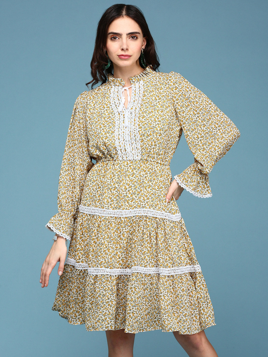 Women's Yellow Printed Fit and Flare Dress