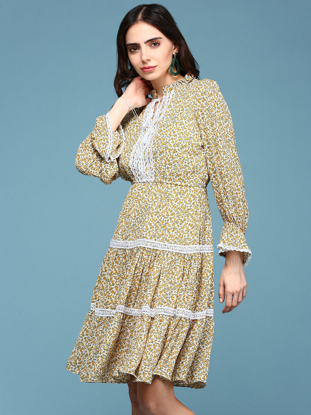 Women's Yellow Printed Fit and Flare Dress