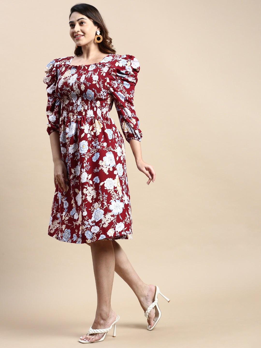 Women Puff Maroon Floral Fit and Flare Dress