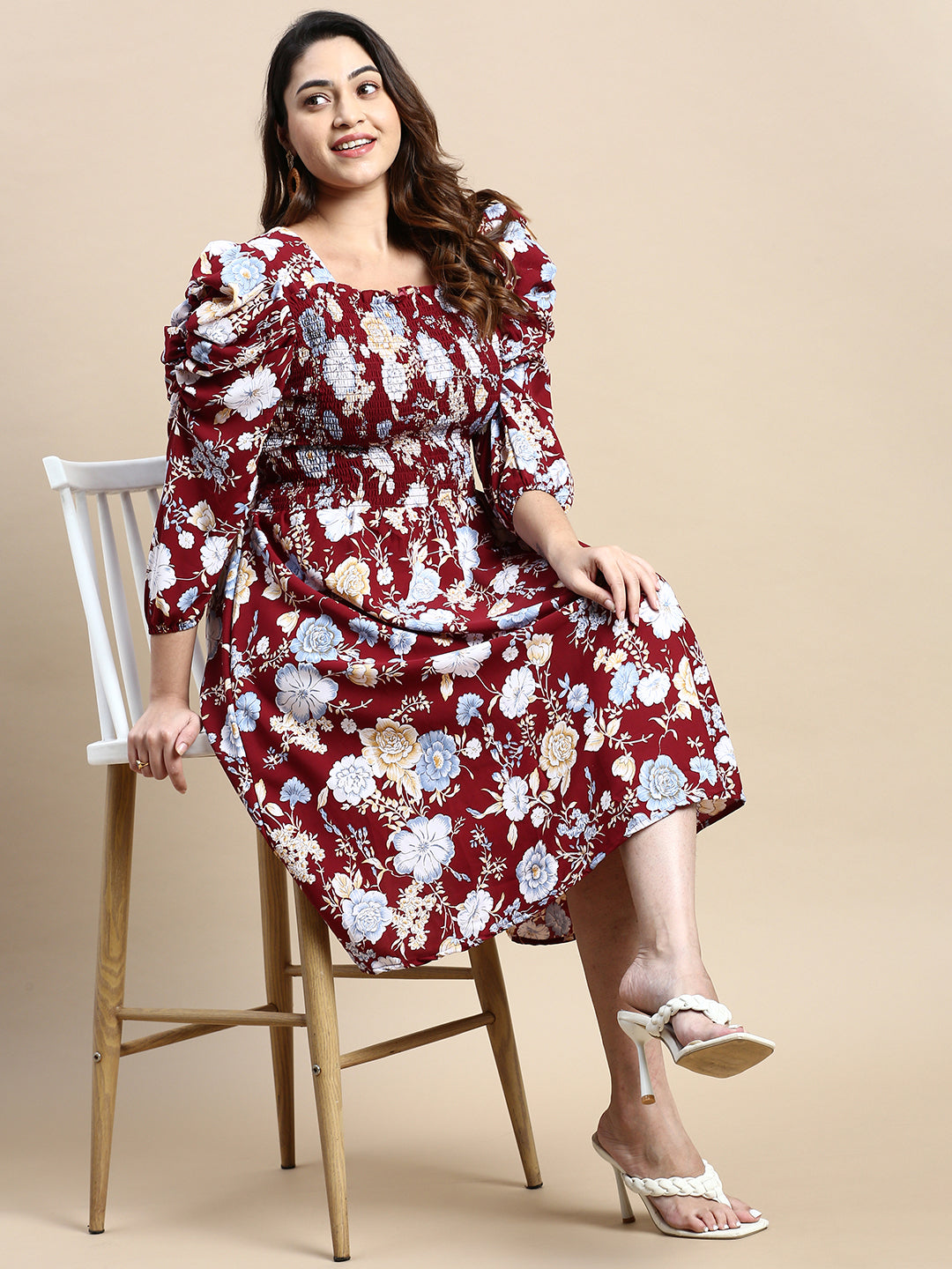 Women Puff Maroon Floral Fit and Flare Dress