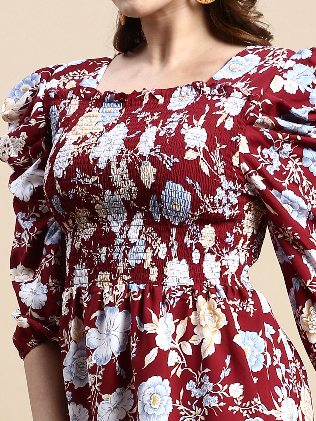 Women Puff Maroon Floral Fit and Flare Dress