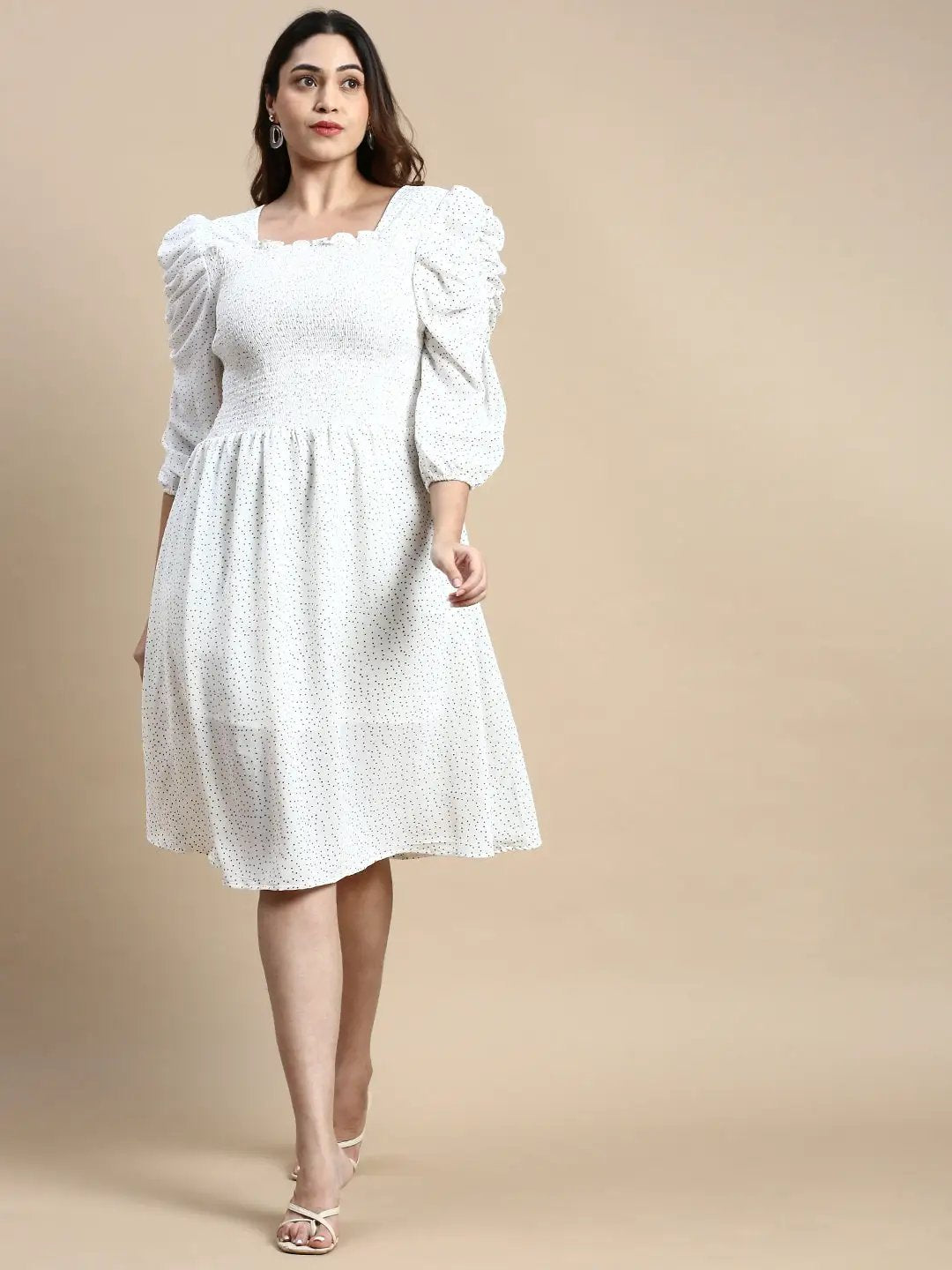 Women's Puff White Polka Dots Fit and Flare Dress