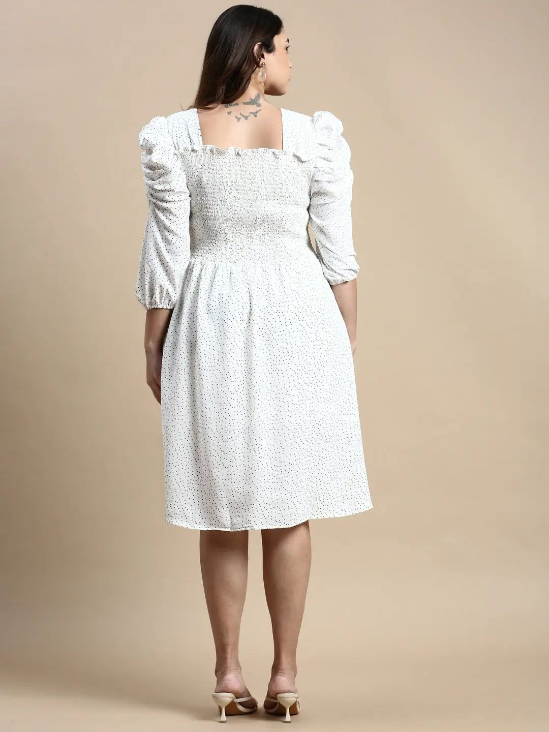 Women's Puff White Polka Dots Fit and Flare Dress