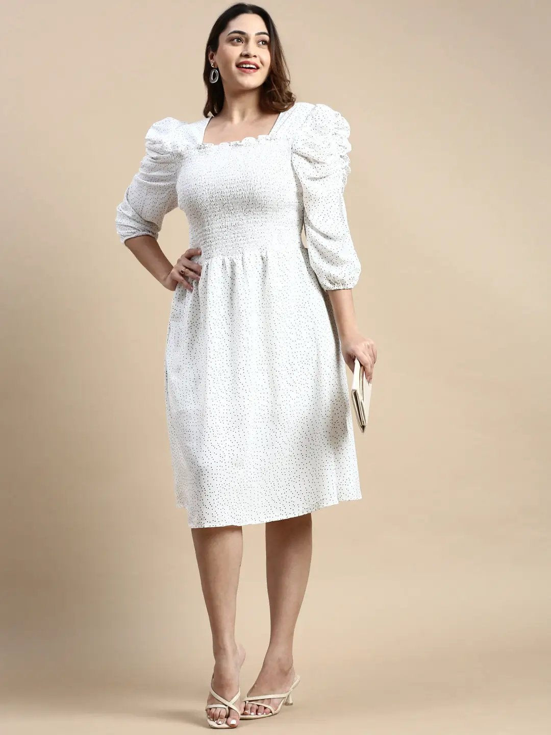 Women's Puff White Polka Dots Fit and Flare Dress