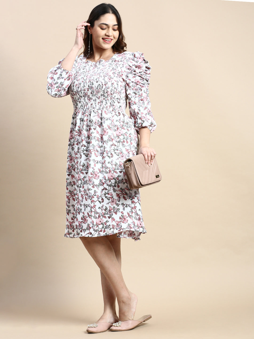 Women Puff White Floral Fit and Flare Dress