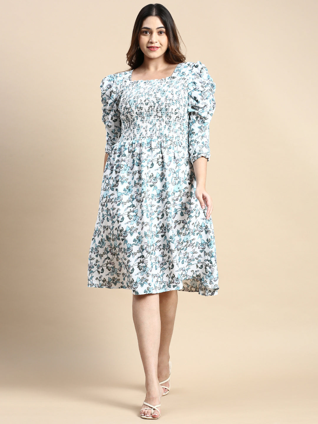 Women Puff White Floral Fit and Flare Dress