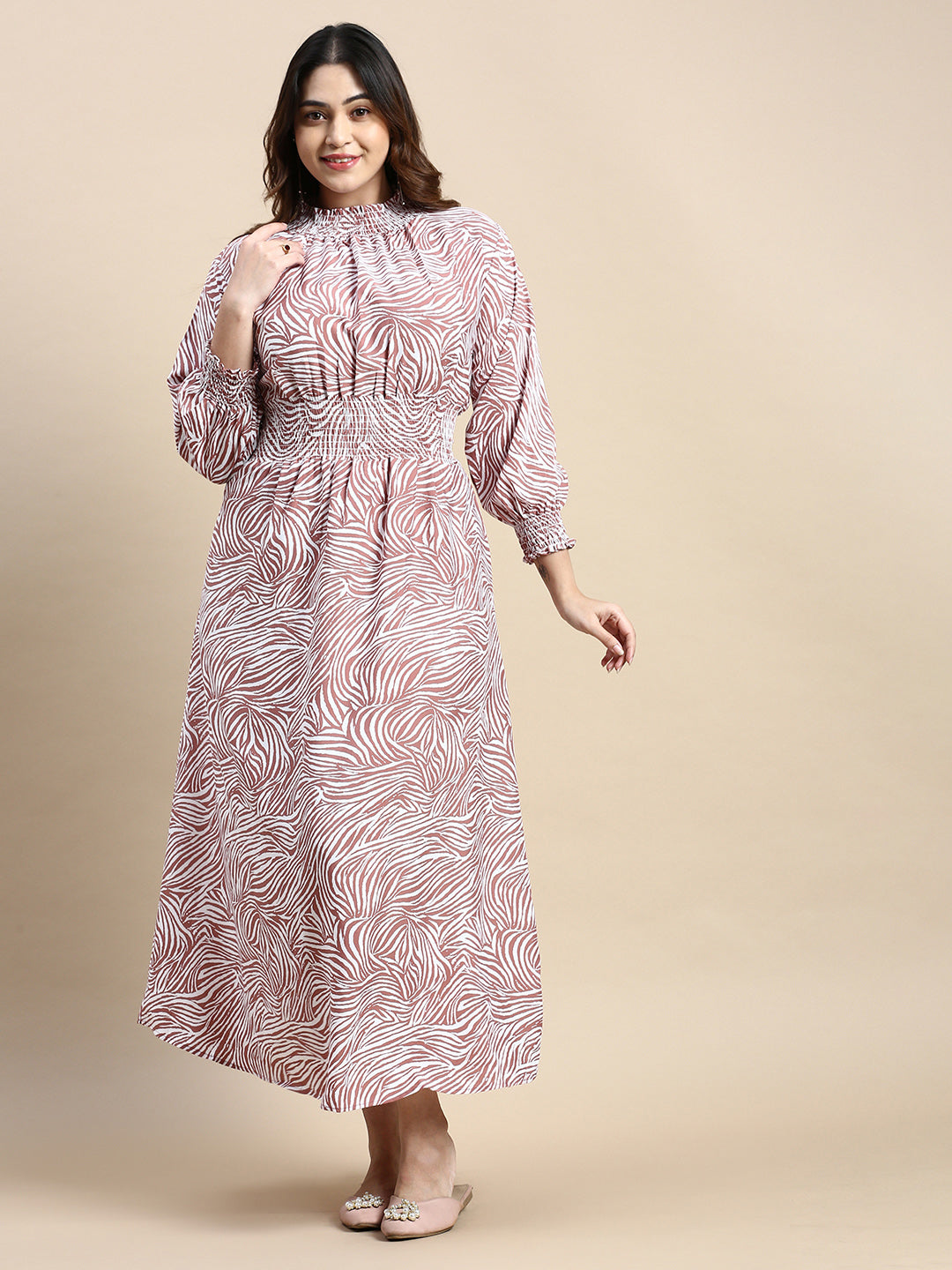 Women Puff Mauve Animal Fit and Flare Dress