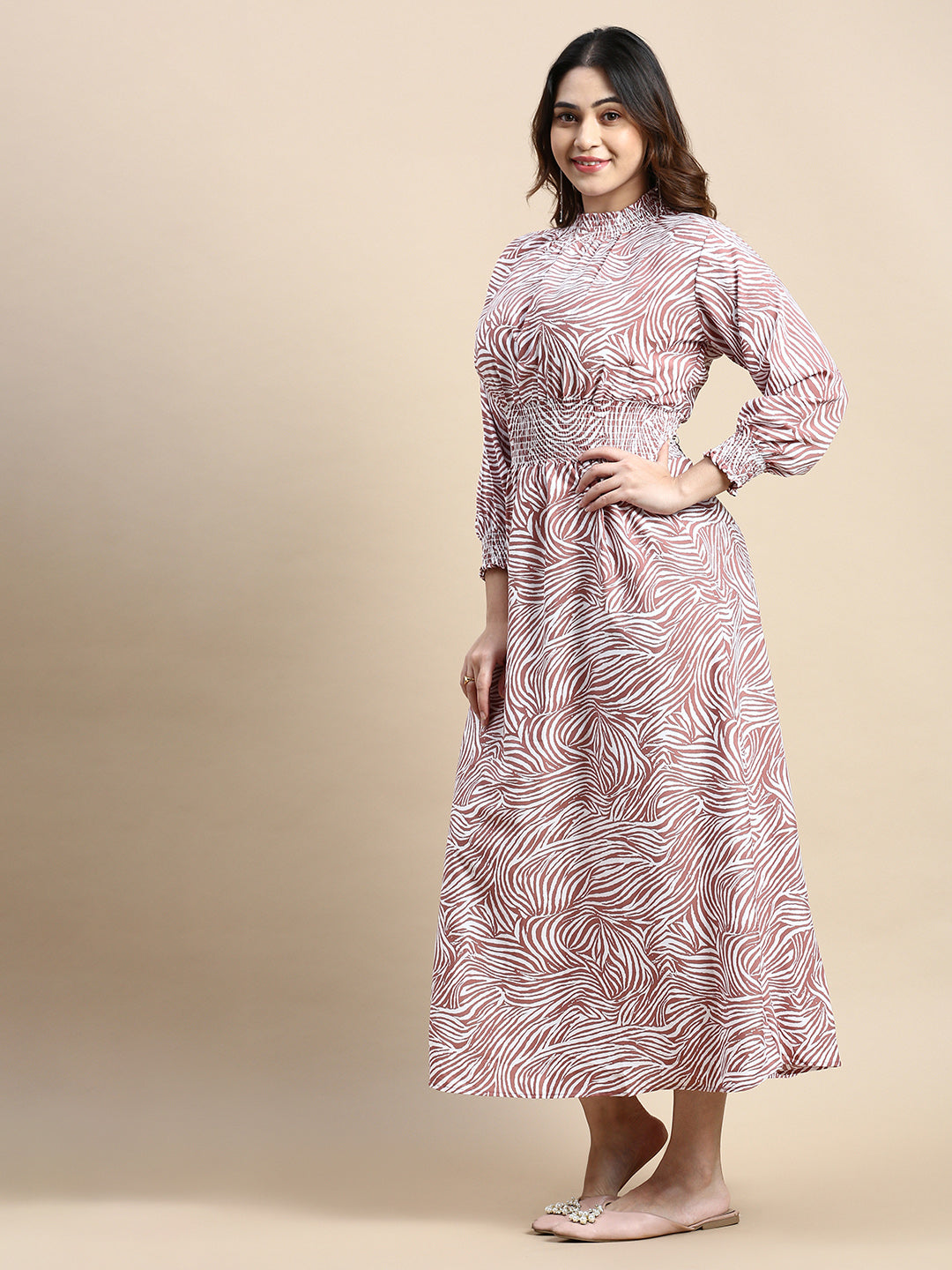 Women Puff Mauve Animal Fit and Flare Dress