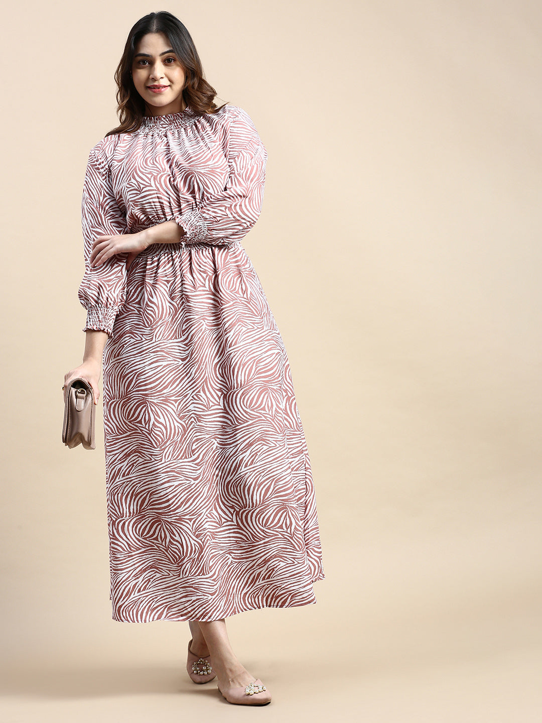 Women Puff Mauve Animal Fit and Flare Dress