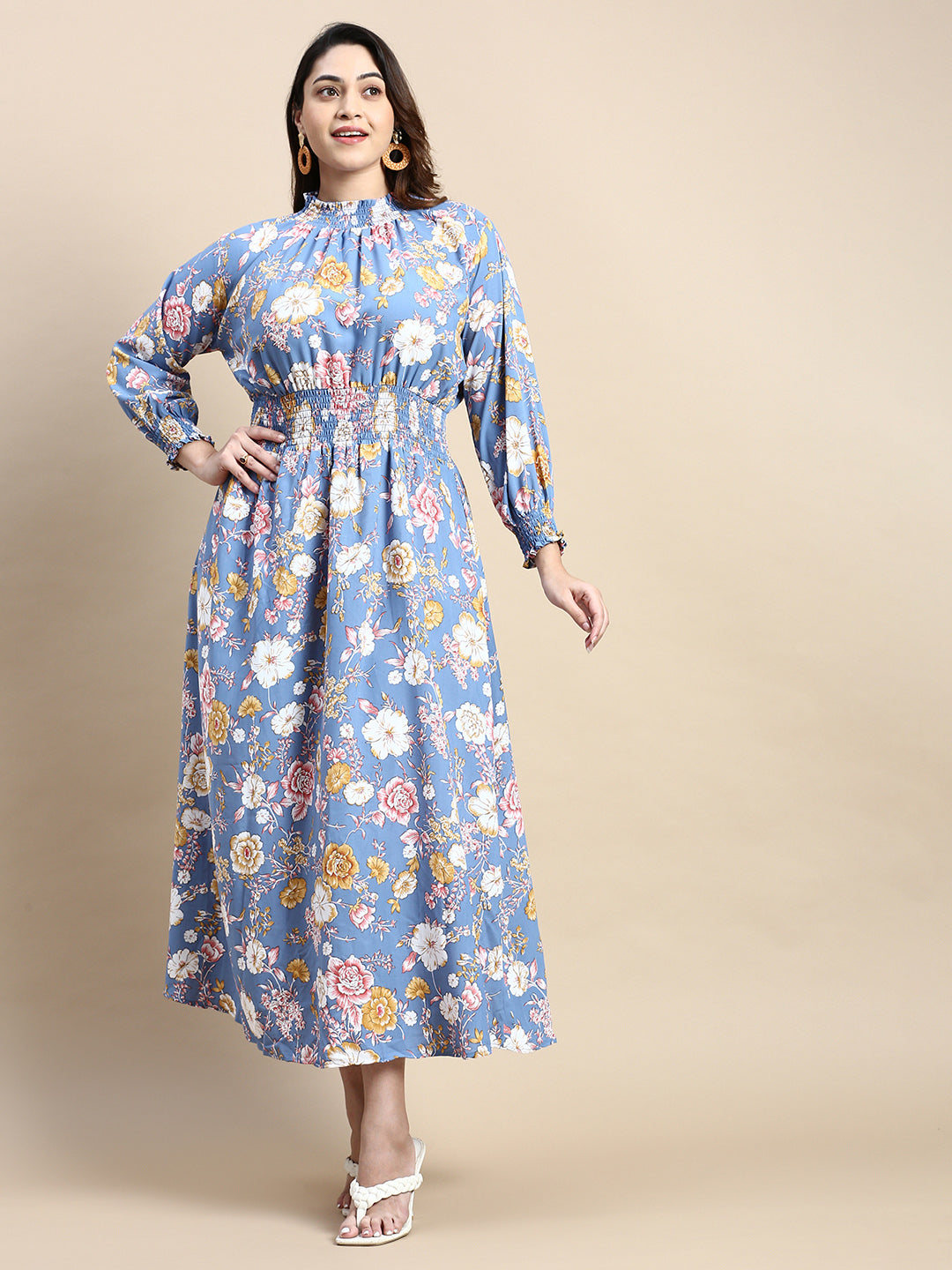 Women Puff Blue Floral Fit and Flare Dress