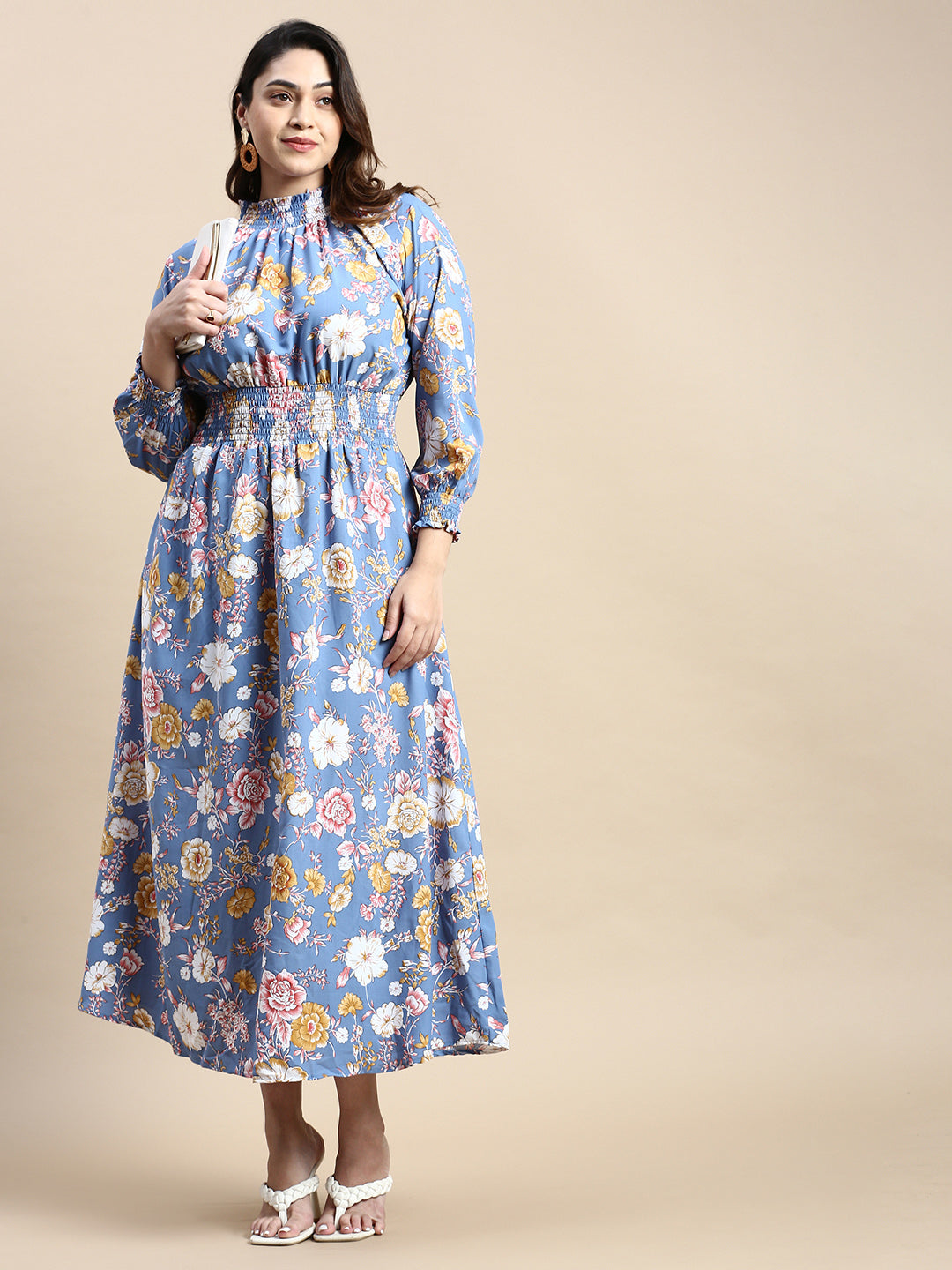 Women Puff Blue Floral Fit and Flare Dress