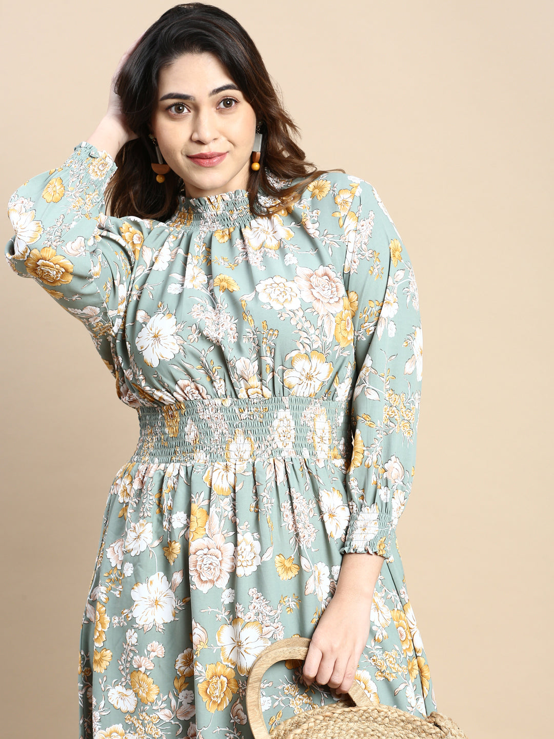 Women's Sea Green Floral Printed High Neck Puff Sleeves Fit & Flare Midi Dress
