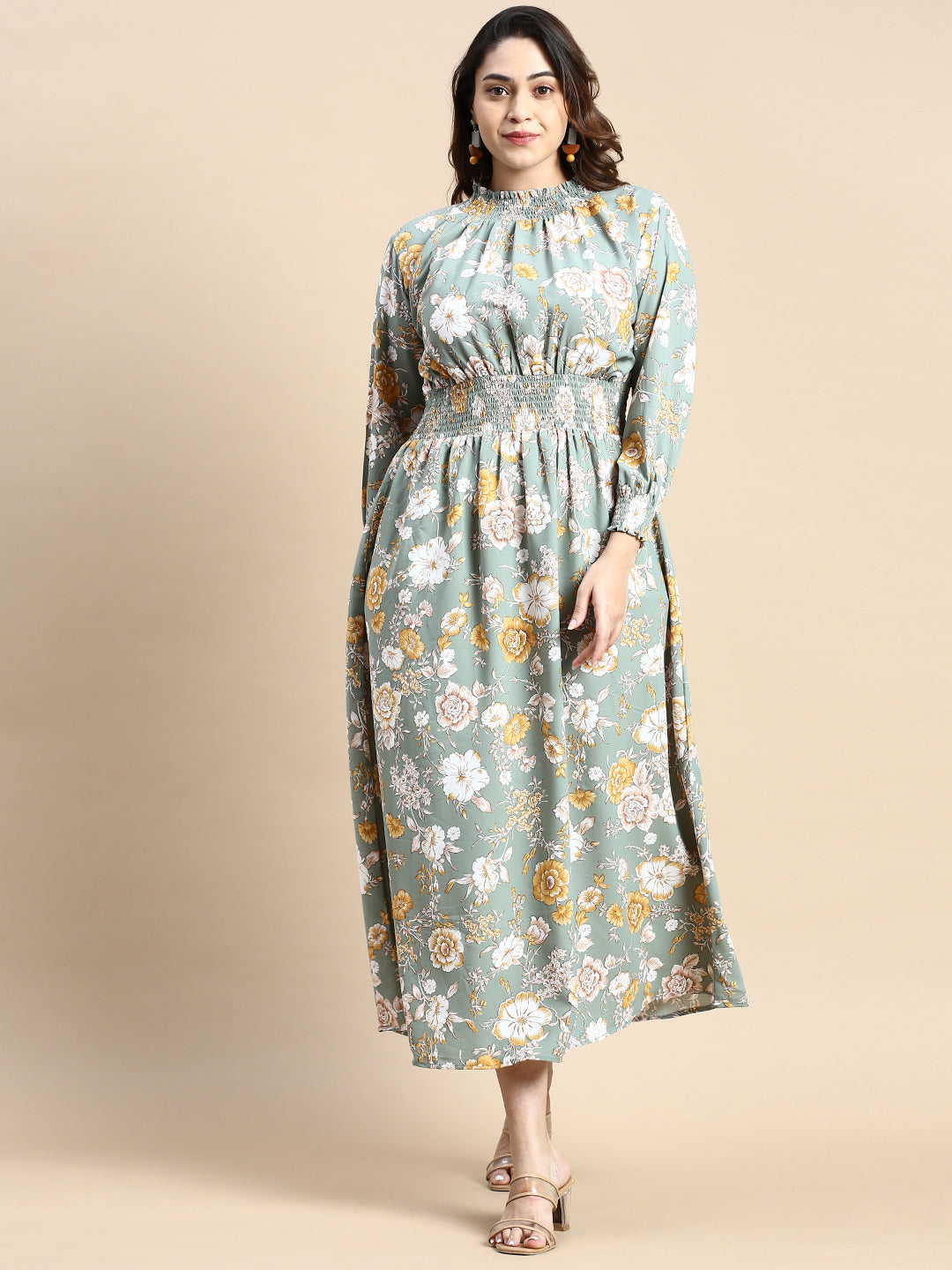Women's Sea Green Floral Printed High Neck Puff Sleeves Fit & Flare Midi Dress