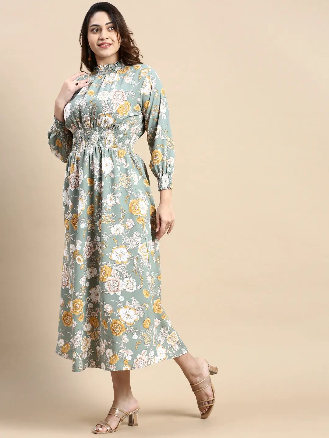Shop Women's Sea Green Floral Printed High Neck Puff Sleeves Fit & Flare Midi Dress| Showoffff Shop Women's Sea Green Floral Printed High Neck Puff Sleeves Fit & Flare Midi Dress| Showoffff