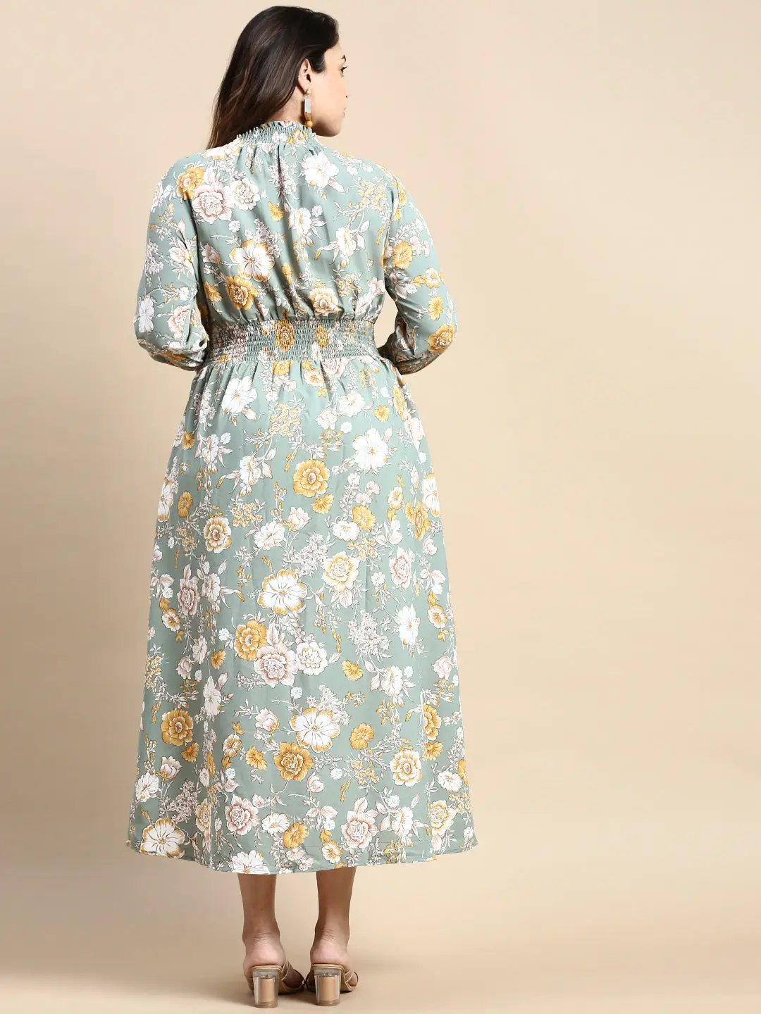 Women's Sea Green Floral Printed High Neck Puff Sleeves Fit & Flare Midi Dress - from SHOWOFFFF