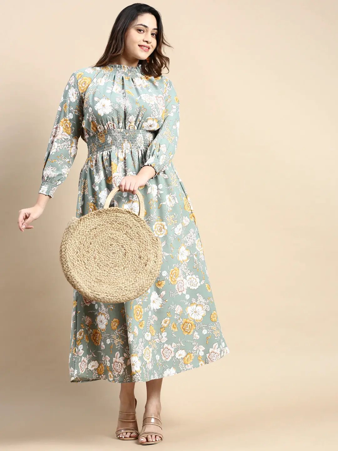 Women's Sea Green Floral Printed High Neck Puff Sleeves Fit & Flare Midi Dress - from SHOWOFFFF
