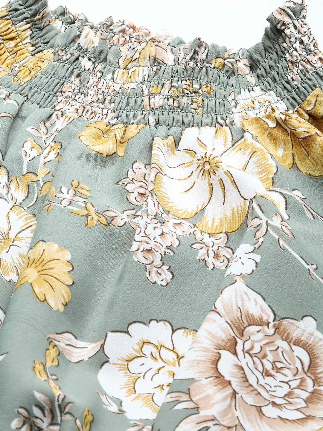 Women's Sea Green Floral Printed High Neck Puff Sleeves Fit & Flare Midi Dress - from SHOWOFFFF