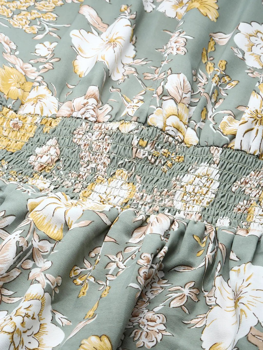Women's Sea Green Floral Printed High Neck Puff Sleeves Fit & Flare Midi Dress - from SHOWOFFFF