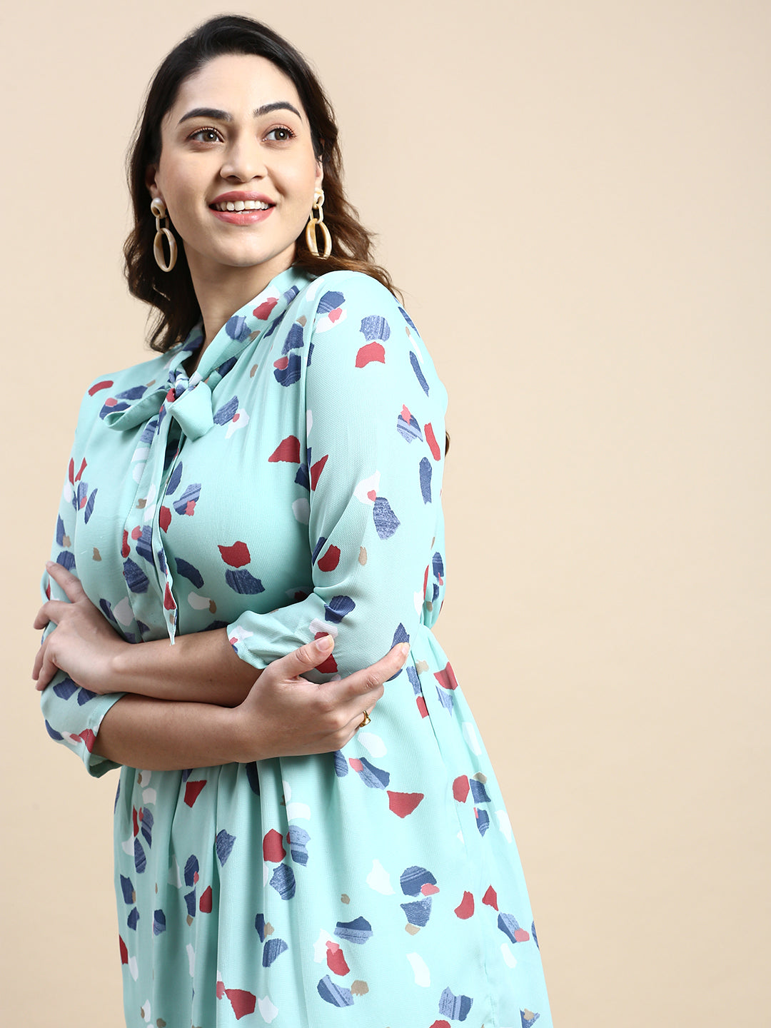 Women's Tie-Up Neck Puff Sea Green Abstract Fit and Flare Dress