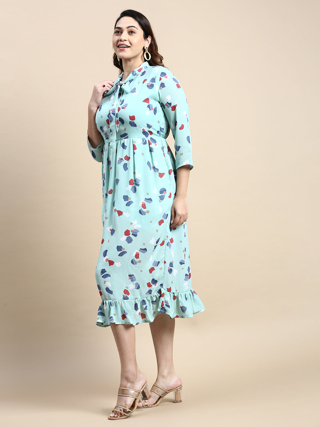 Women's Tie-Up Neck Puff Sea Green Abstract Fit and Flare Dress